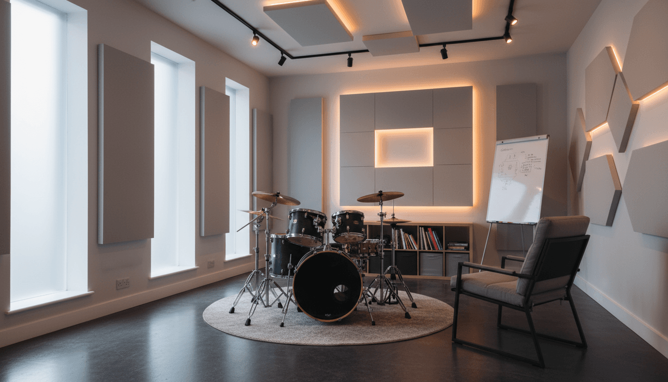 Welcoming sensory-friendly drum lesson studio with professional setup in Liverpool