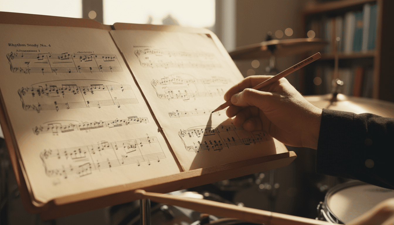 Sheet music and exam progression notes marked on a music stand