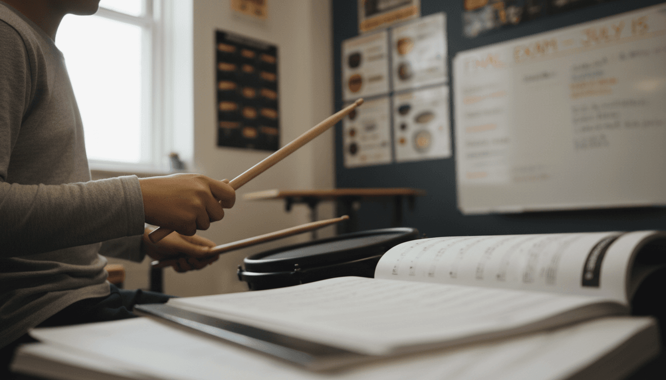 Student's hands on drums during focused practice session