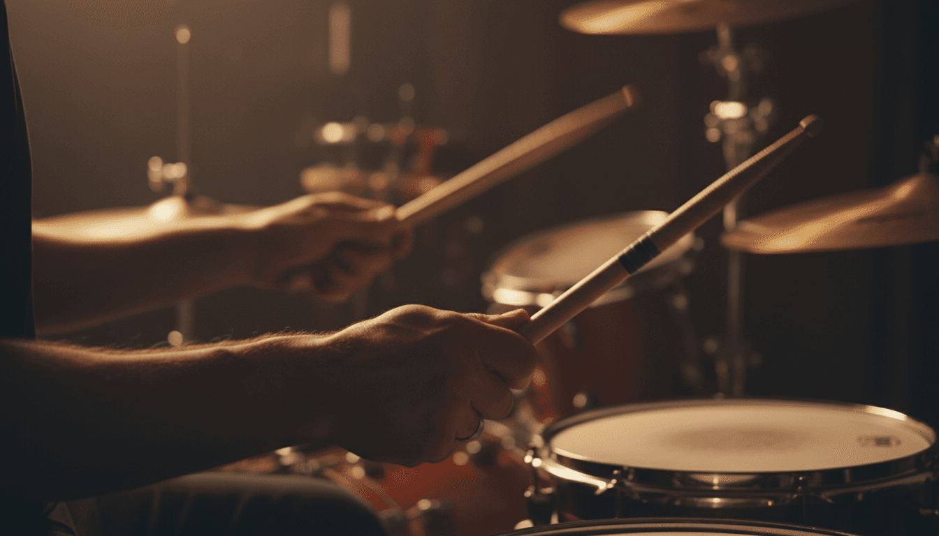 Professional drummer demonstrating proper drumming technique with hands on sticks