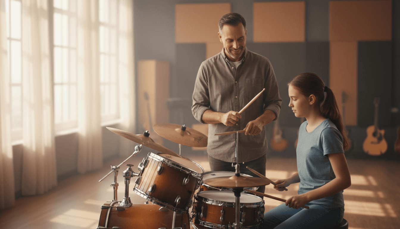 Drum instructor guiding a student through proper technique in the Liverpool studio