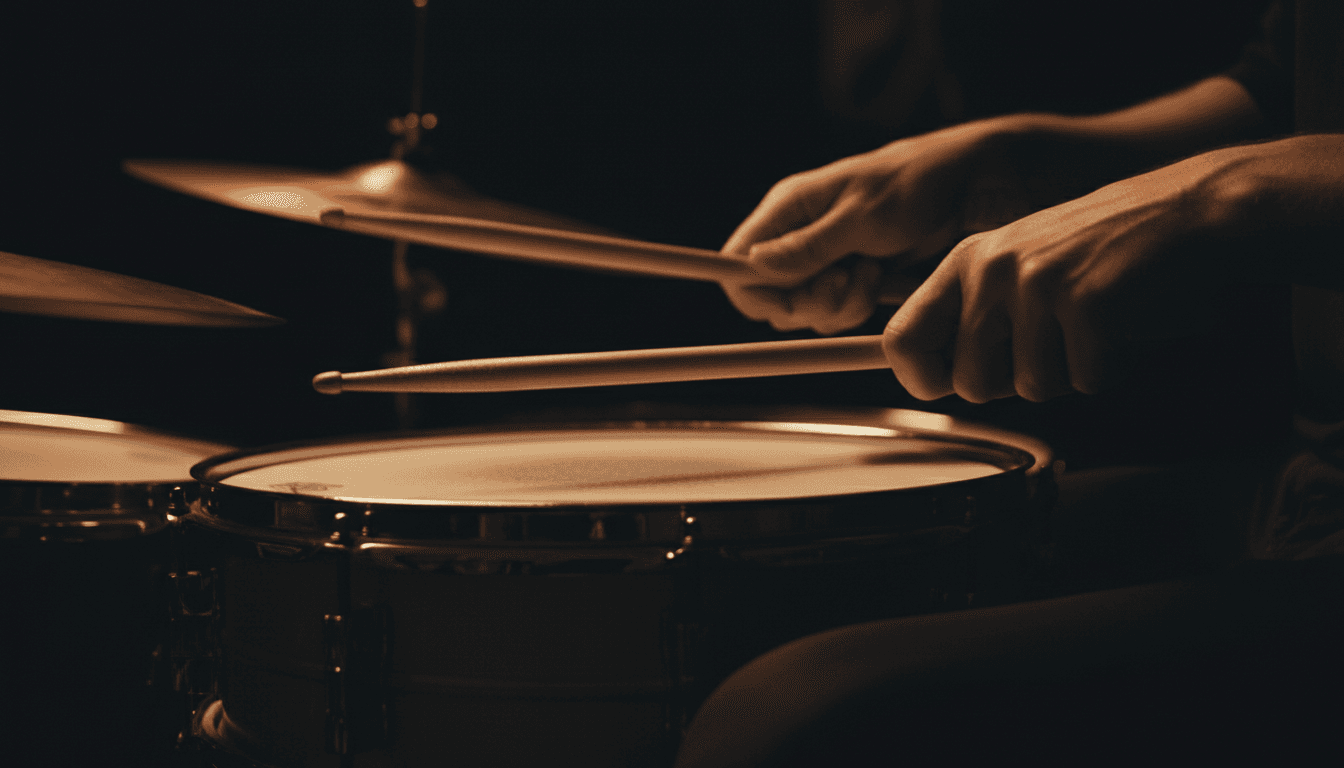 Drummer's hands striking snare drum with focused technique