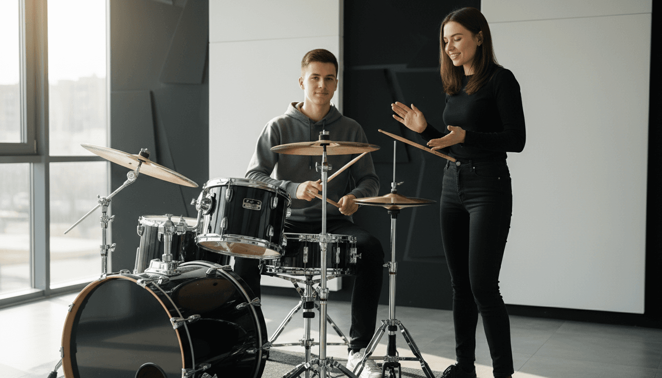Drum lesson in progress with instructor demonstrating technique