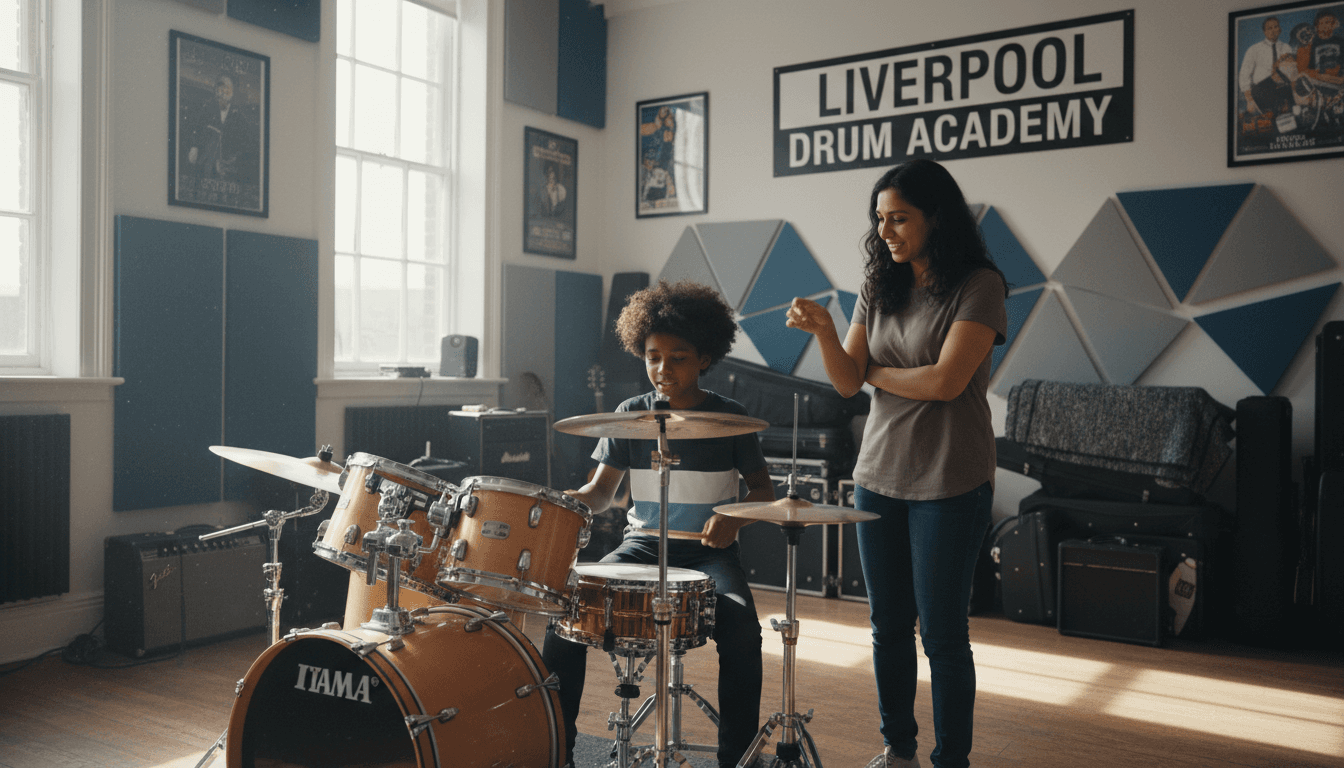 Student drummer practicing with instructor observing supportive technique