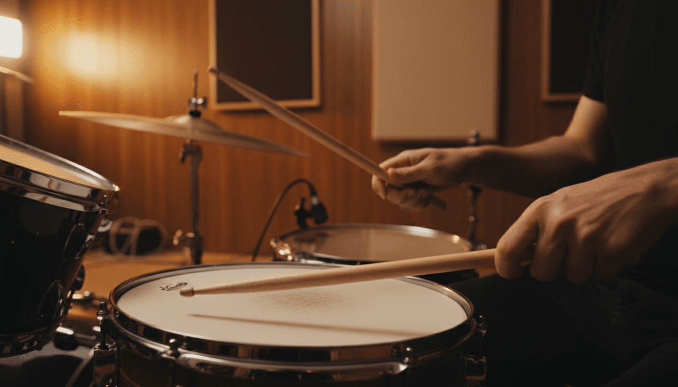 Close-up of drummer's hands striking snare drum with precision