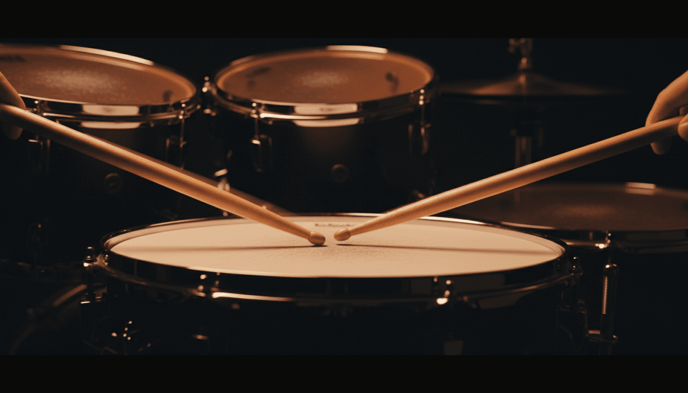 Close-up of drum sticks striking a snare drum in a professional studio setting