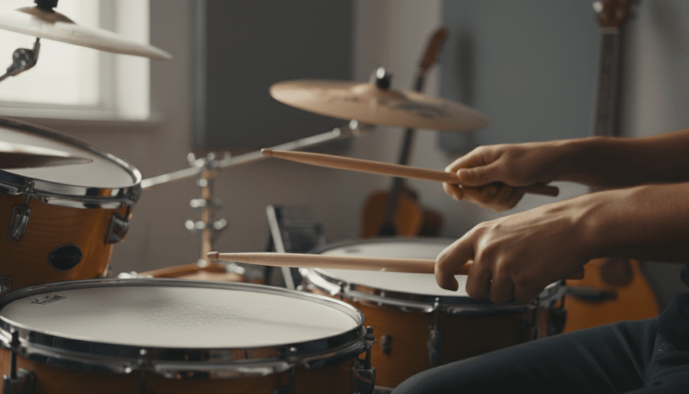 Close-up of drummer's hands on drumsticks positioned over snare drum during practice
