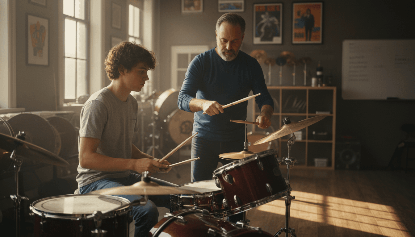 Drum lesson in progress with instructor and student engaged in one-to-one instruction