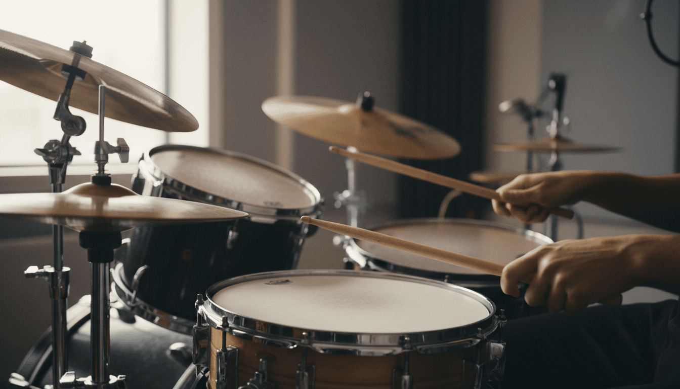 Drummer's hands gripping sticks above snare drum in professional studio
