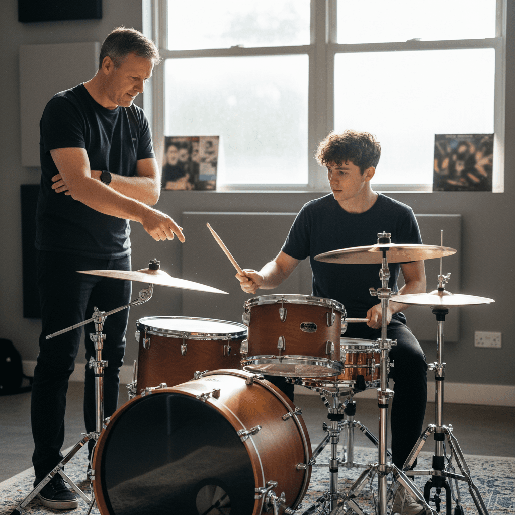 One-to-one drum lesson in progress