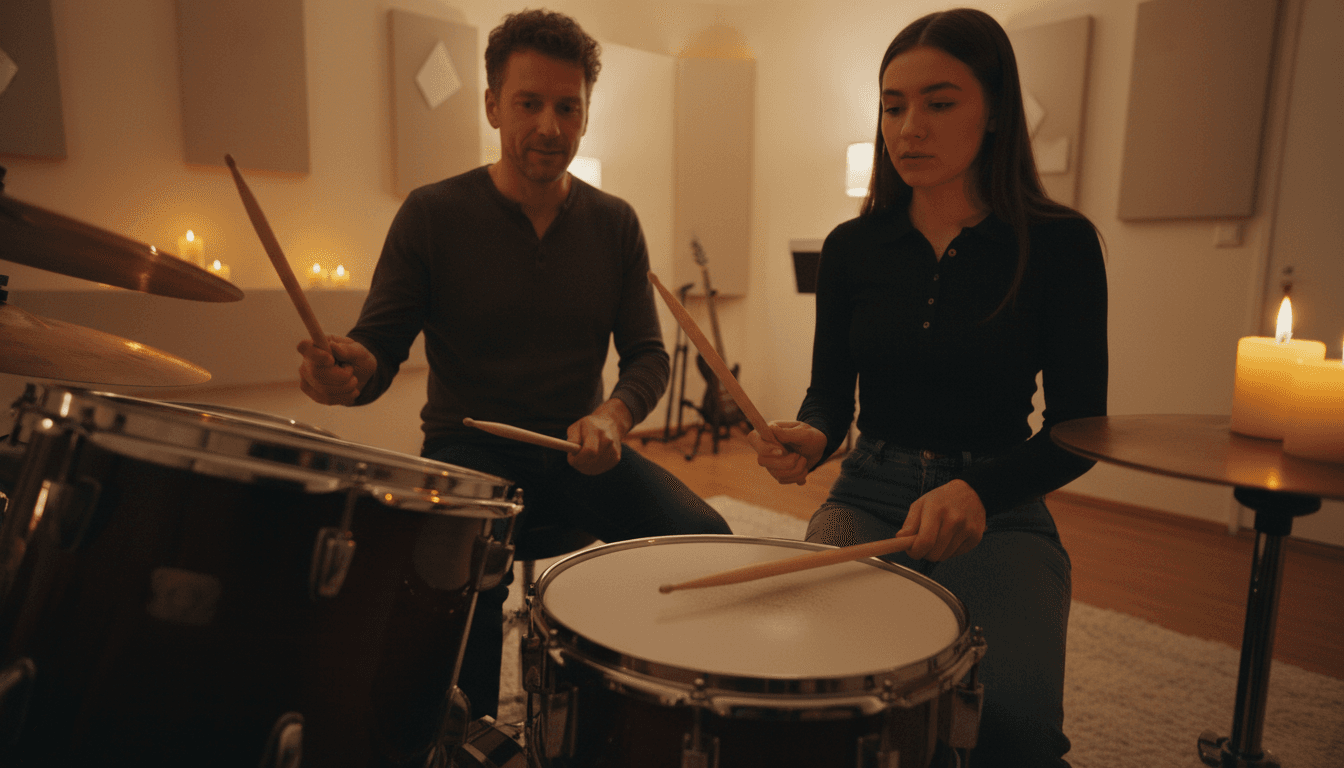 Drum teacher demonstrating hand position beside student