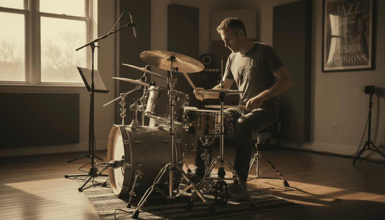 Professional drummer Colin Lamont performing on drum kit in studio