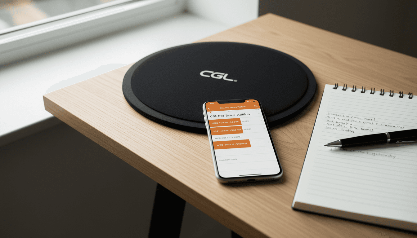 Mobile phone showing lesson scheduling calendar on studio desk with practice materials