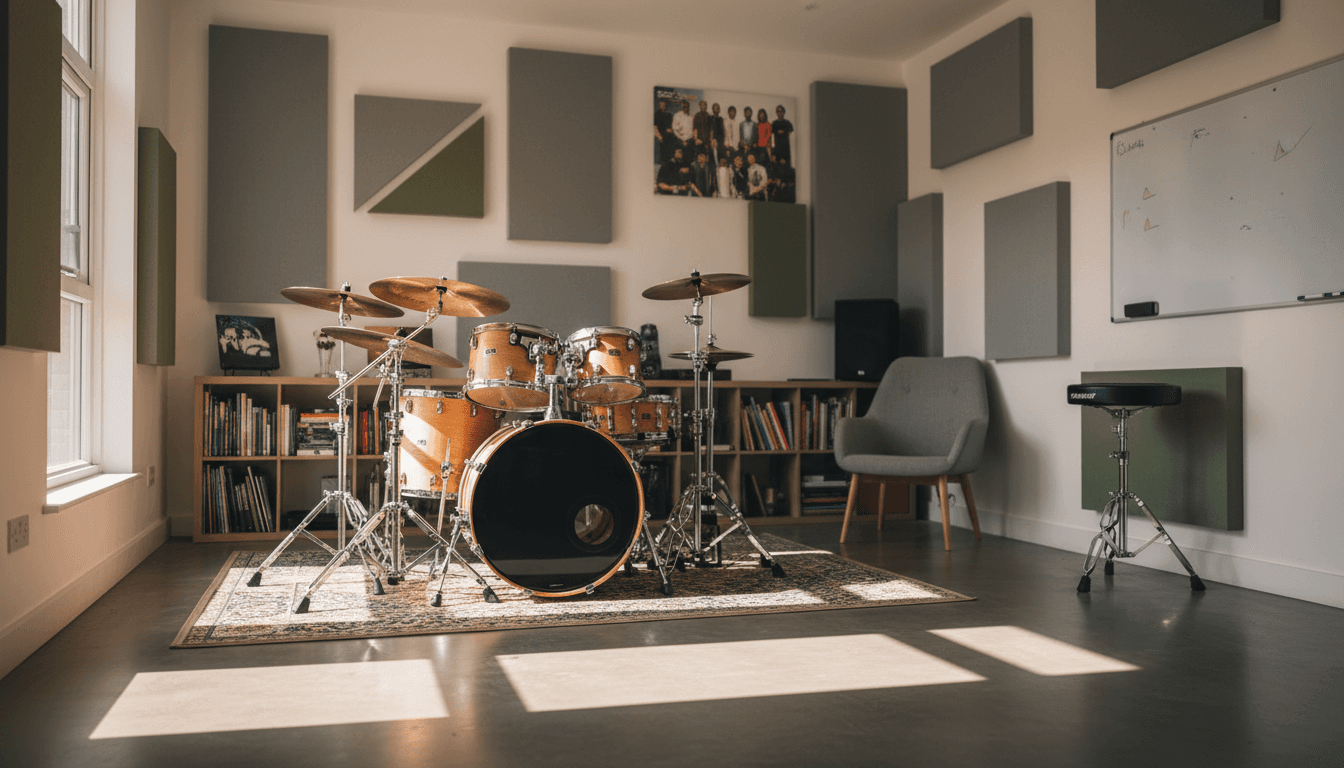 Professional drum studio interior showing complete kit and teaching space in Liverpool