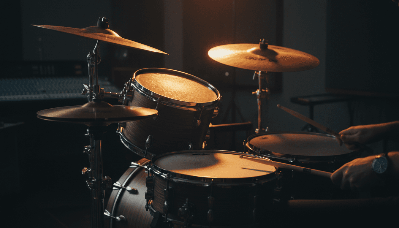 Professional drum kit in a dedicated recording studio with dramatic lighting