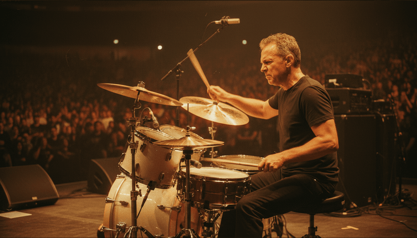 Professional drummer performing with technical mastery on stage