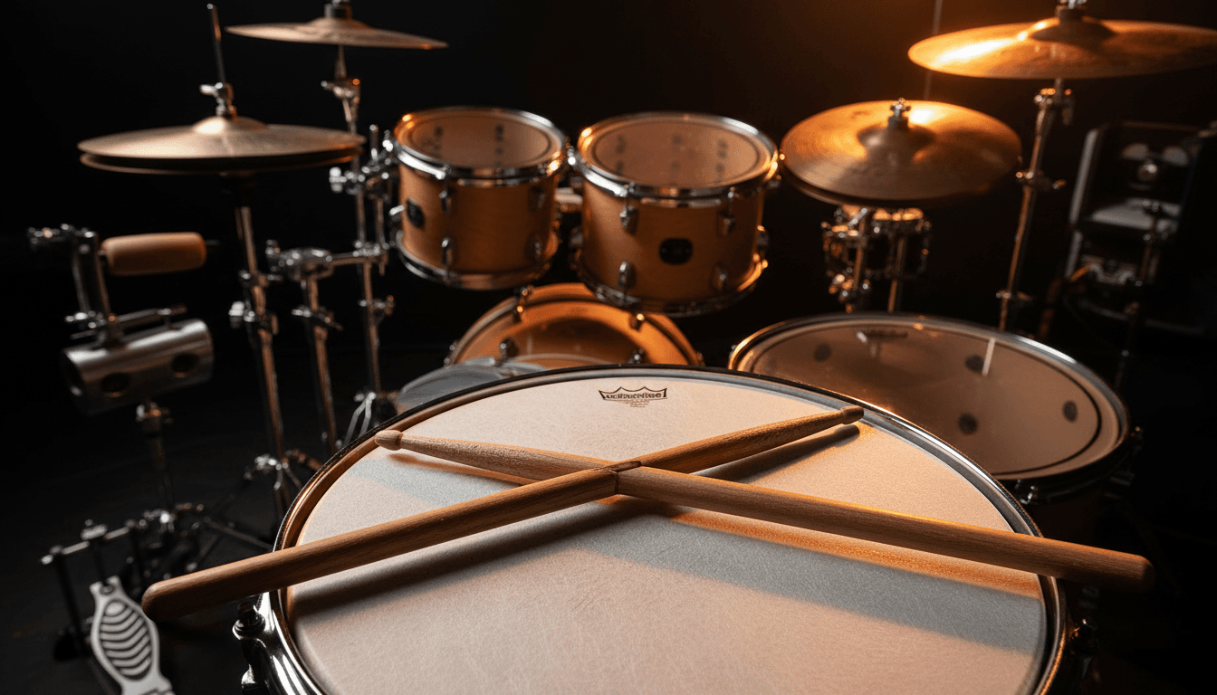 Close-up of drum sticks on drum head showing technical detail