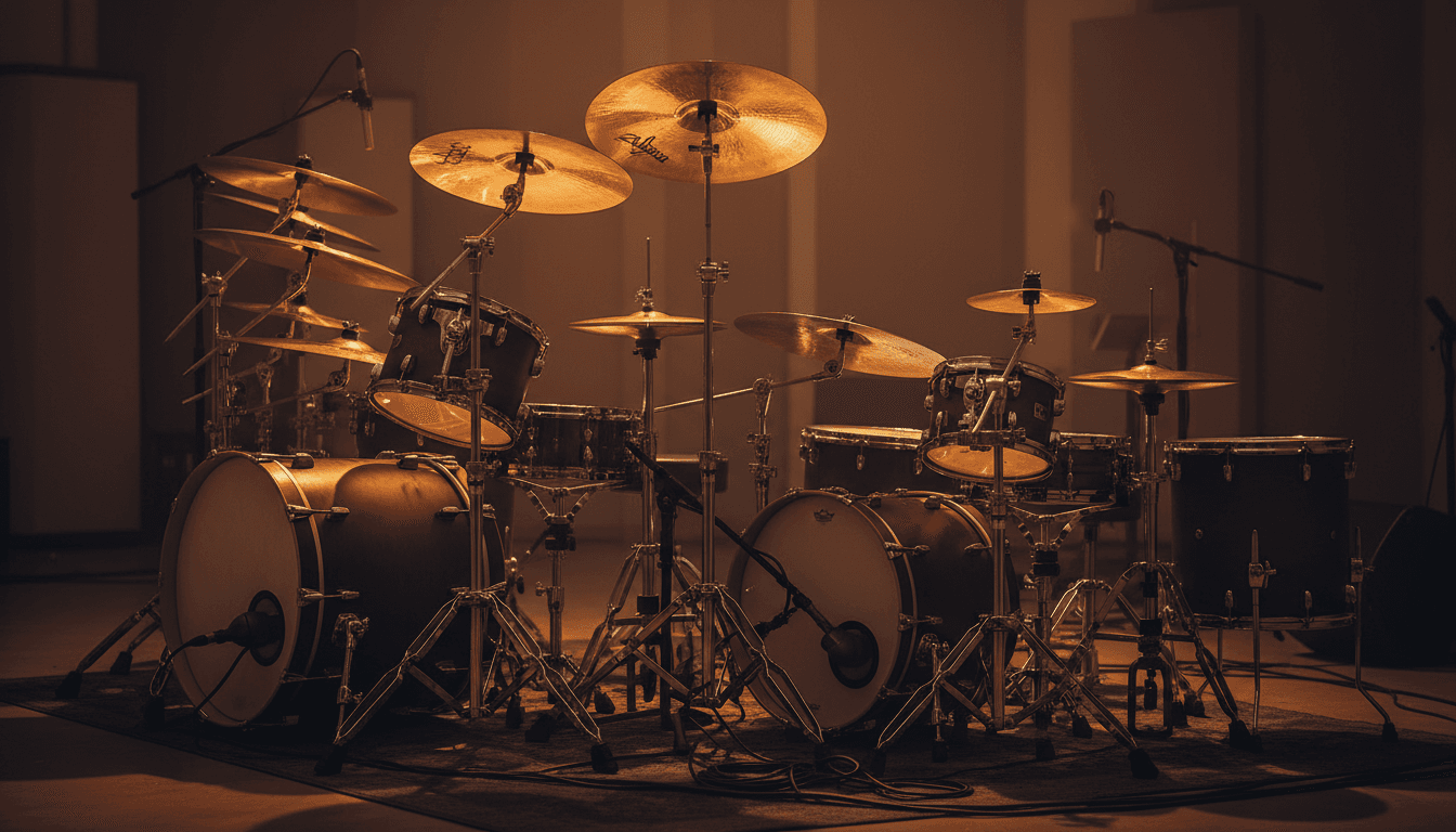 Professional drum kit set up in a Liverpool studio ready for lessons